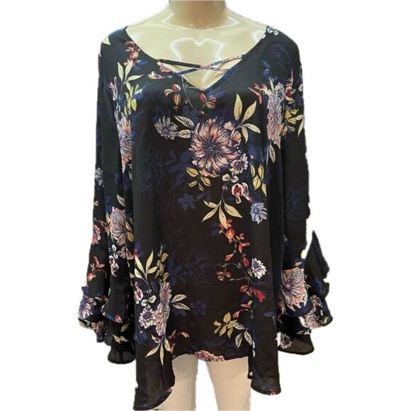 Chelsea Studio +22/24 Black Floral Crossover Strap V-Neck Bell Long Sleeve Top - Picture 2 of 6